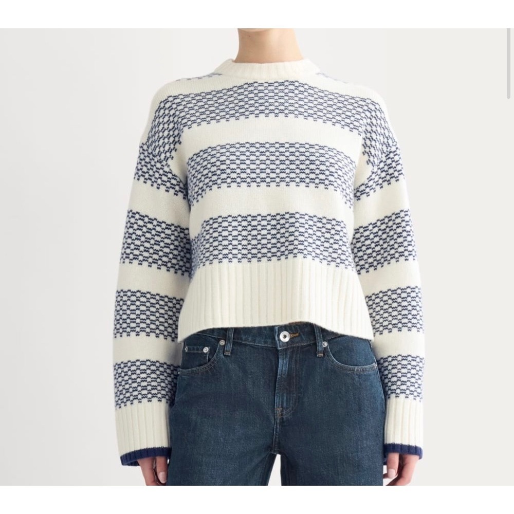 NWOT Everlane Women Nordic Cropped Boxy Crew Sweater XS Merino Wool White/Blue